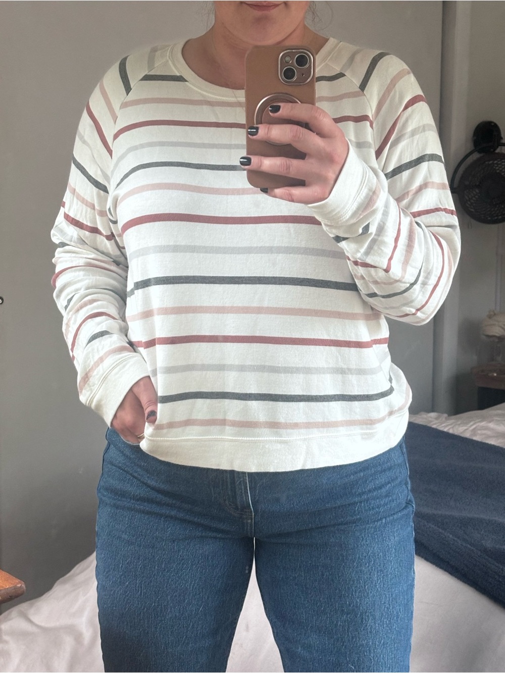 Thread & Supply Ivory Long-Sleeve Crewneck Top with Rust and Gray Stripes